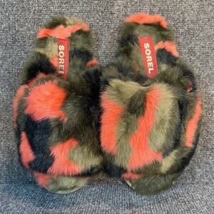 Sorel Go Mail Run Red & Black Fur Slippers Slip On Womens 10